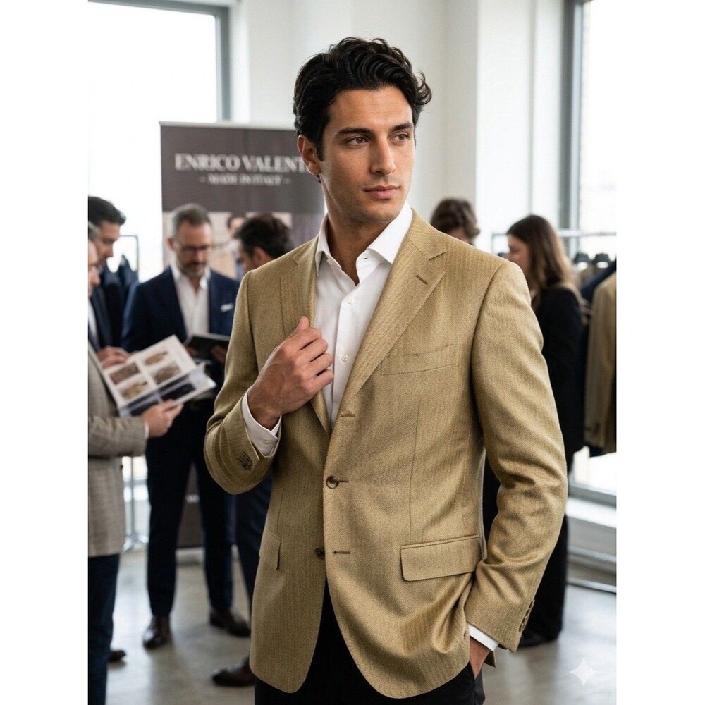 Enrico Valenti Super 120s Silk Wool Sport Coat 40S Gold Tan Herringbone Blazer